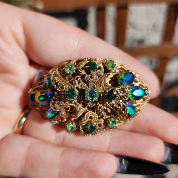 Vtg Made Germany Brooch Green Glass AB Rhinestone Gold Tone Filigree Pre 1949 - Picture 4 of 12